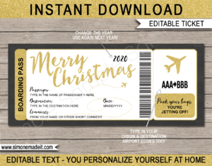Printable Gold Christmas Plane Boarding Pass Gift Template | Fake Plane Gift Ticket | Surprise Trip Reveal | Flight, Holiday, Getaway, Vacation | INSTANT DOWNLOAD via giftsbysimonemadeit.com