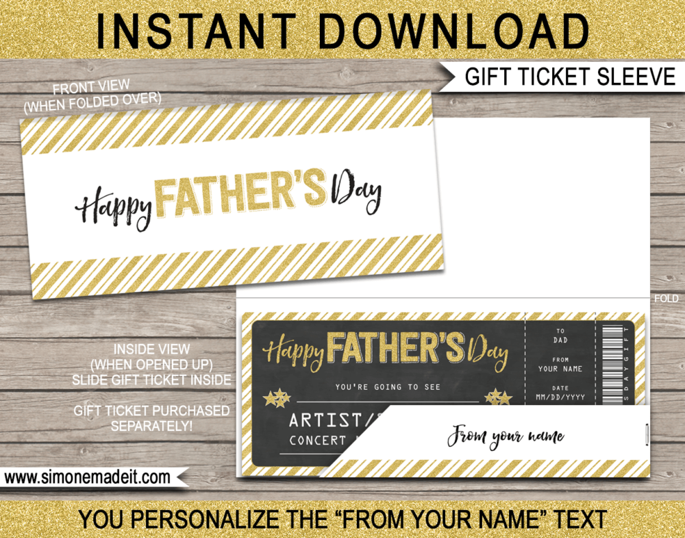 Father's Day Concert Ticket Sleeve Template | Printable Show Ticket Envelope Holder | DIY Editable Text
