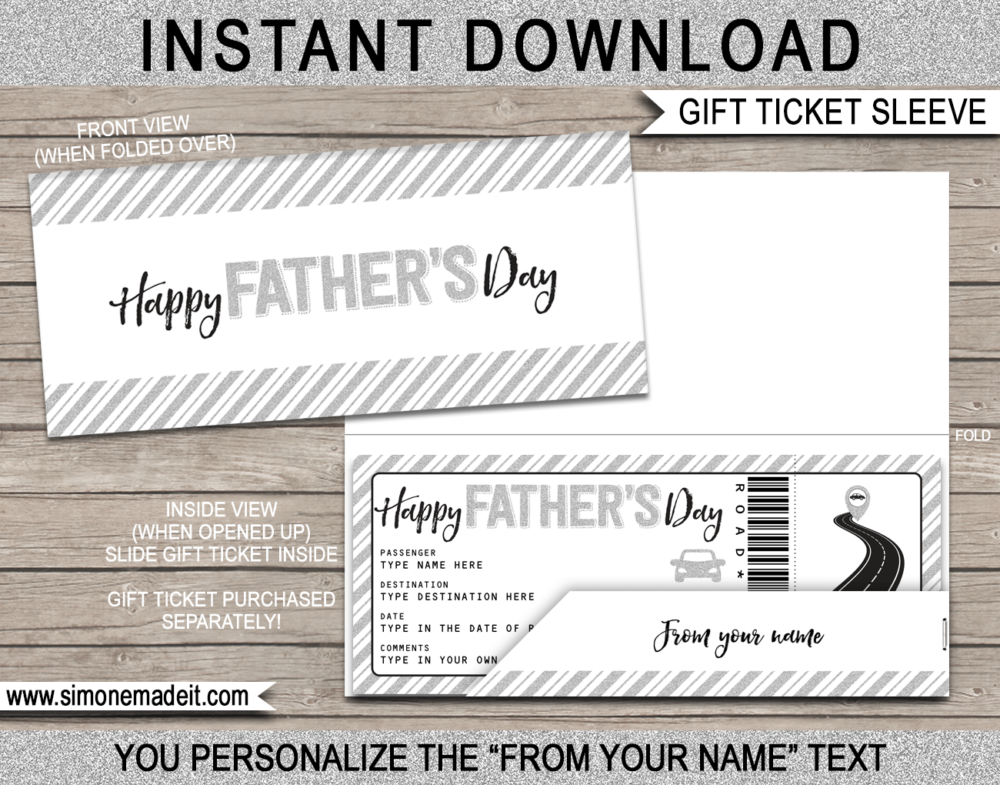 Father's Day Road Trip Gift Ticket Sleeve Template | Printable Gift Voucher Envelope Holder | DIY Editable Text