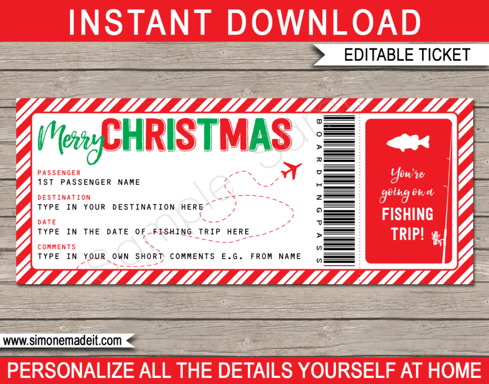Printable Christmas Fishing Boarding Pass Gift Ticket Template | Surprise Fishing Trip Reveal | Faux or Fake Plane Ticket | Christmas Present | DIY Editable & Printable Template | Instant Download via simonemadeit.com