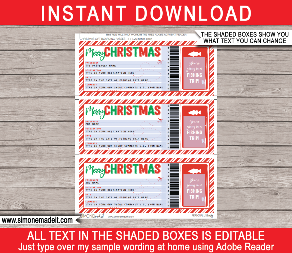 Printable Christmas Fishing Boarding Pass Gift Ticket Template | Surprise Fishing Trip Reveal | Faux or Fake Plane Ticket | Christmas Present | DIY Editable & Printable Template | Instant Download via simonemadeit.com