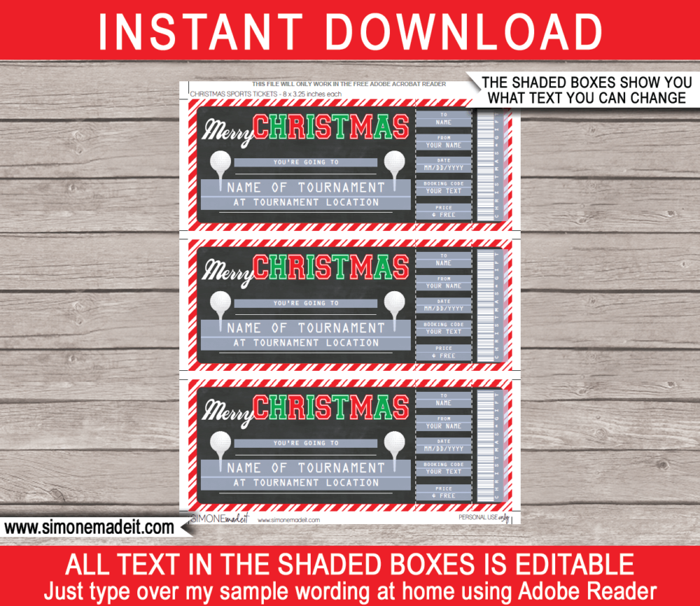 Printable Christmas Golf Ticket Gift Voucher Template - Surprise tickets to a Golf Tournament - Gift Certificate - Christmas present - DIY Editable & Printable Template - INSTANT DOWNLOAD via giftsbysimonemadeit.com #golfgifttickets #lastminutegift