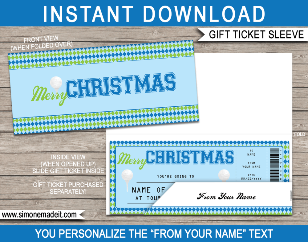 Printable Christmas Golf Gift Ticket Sleeve Template for Christmas sports gift tickets or game tickets or gift vouchers or money | DIY Editable & Printable Template | INSTANT DOWNLOAD via giftsbysimonemadeit.com