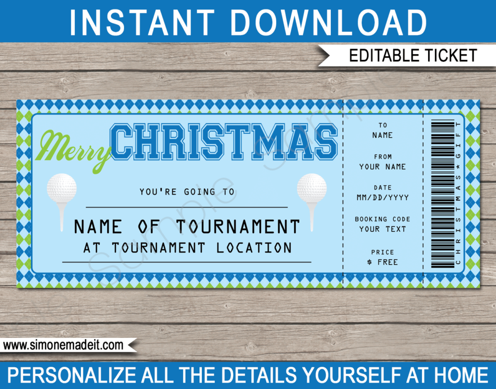 Printable Christmas Golf Ticket Gift Voucher Template - Surprise tickets to a Golf Tournament - Gift Certificate - Christmas present - DIY Editable & Printable Template - INSTANT DOWNLOAD via giftsbysimonemadeit.com #golfgifttickets #lastminutegift