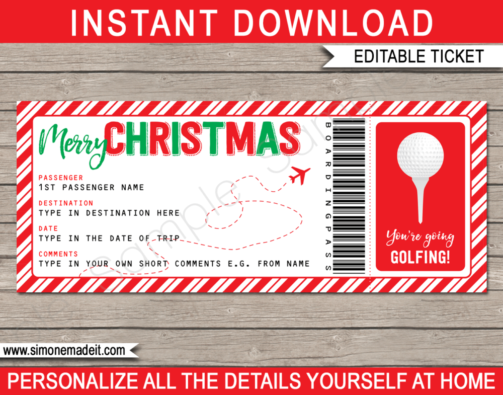 Printable Christmas Golfing Boarding Pass Gift Ticket Template | Surprise Golfing Trip Reveal | Faux or Fake Plane Ticket | Christmas Present | DIY Editable & Printable Template | Instant Download via simonemadeit.com