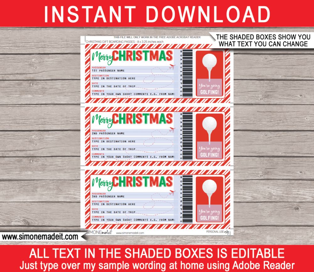 Printable Christmas Golfing Boarding Pass Gift Ticket Template | Surprise Golfing Trip Reveal | Faux or Fake Plane Ticket | Christmas Present | DIY Editable & Printable Template | Instant Download via simonemadeit.com