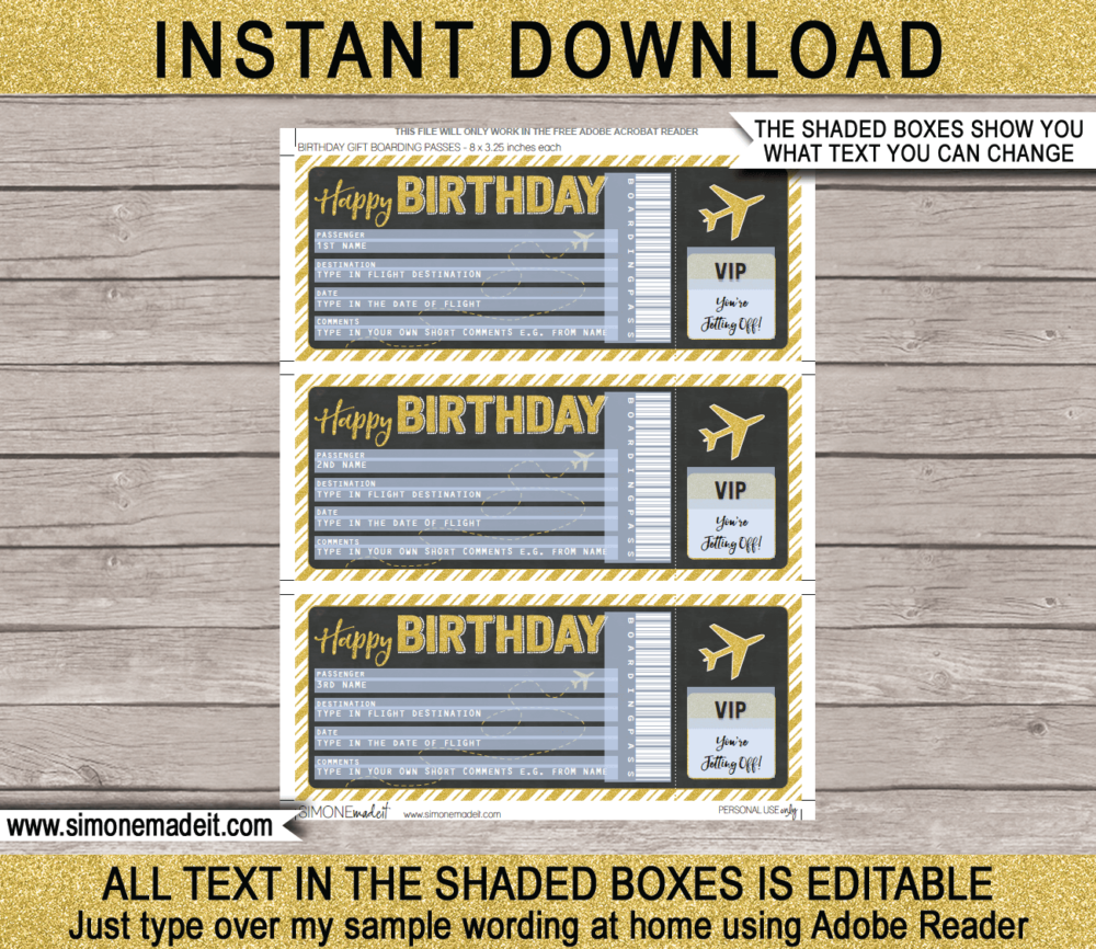 Printable Birthday Boarding Pass Gift Ticket template | Gold Glitter & Chalkboard | Surprise Trip, Flight Getaway, Holiday, Vacation | Faux Fake Boarding Pass | Birthday Present | DIY Editable Template | Instant Download via giftsbysimonemadeit.com