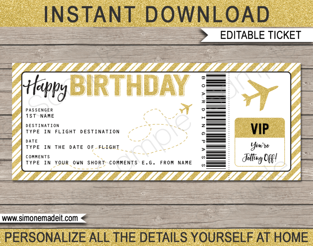 Printable Birthday Boarding Pass Gift Ticket template | Gold Glitter | Surprise Trip, Flight Getaway, Holiday, Vacation | Faux Fake Boarding Pass | Birthday Present | DIY Editable Template | Instant Download via giftsbysimonemadeit.com
