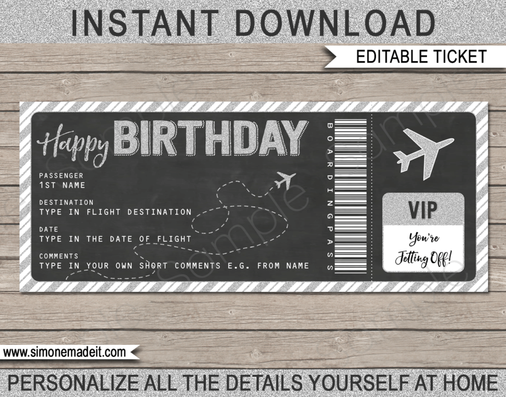 Printable Birthday Boarding Pass Gift Ticket template | Silver Glitter & Chalkboard | Surprise Trip, Flight Getaway, Holiday, Vacation | Faux Fake Boarding Pass | Birthday Present | DIY Editable Template | Instant Download via giftsbysimonemadeit.com