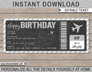 Printable Birthday Boarding Pass Gift Ticket template | Silver Glitter & Chalkboard | Surprise Trip, Flight Getaway, Holiday, Vacation | Faux Fake Boarding Pass | Birthday Present | DIY Editable Template | Instant Download via giftsbysimonemadeit.com