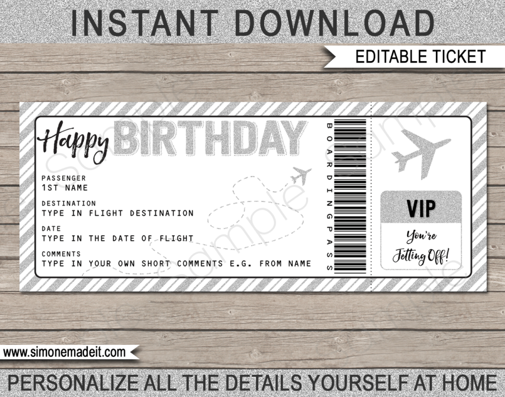 Printable Birthday Boarding Pass Gift Ticket template | Silver Glitter | Surprise Trip, Flight Getaway, Holiday, Vacation | Faux Fake Boarding Pass | Birthday Present | DIY Editable Template | Instant Download via giftsbysimonemadeit.com