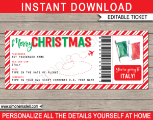 Printable Christmas Italy Trip Gift Boarding Pass Template | Flight, Getaway, Holiday, Vacation to Italy | Fake Plane Ticket | Surprise Trip Reveal | Christmas Present | DIY Editable Template | Instant Download via giftsbysimonemadeit.com
