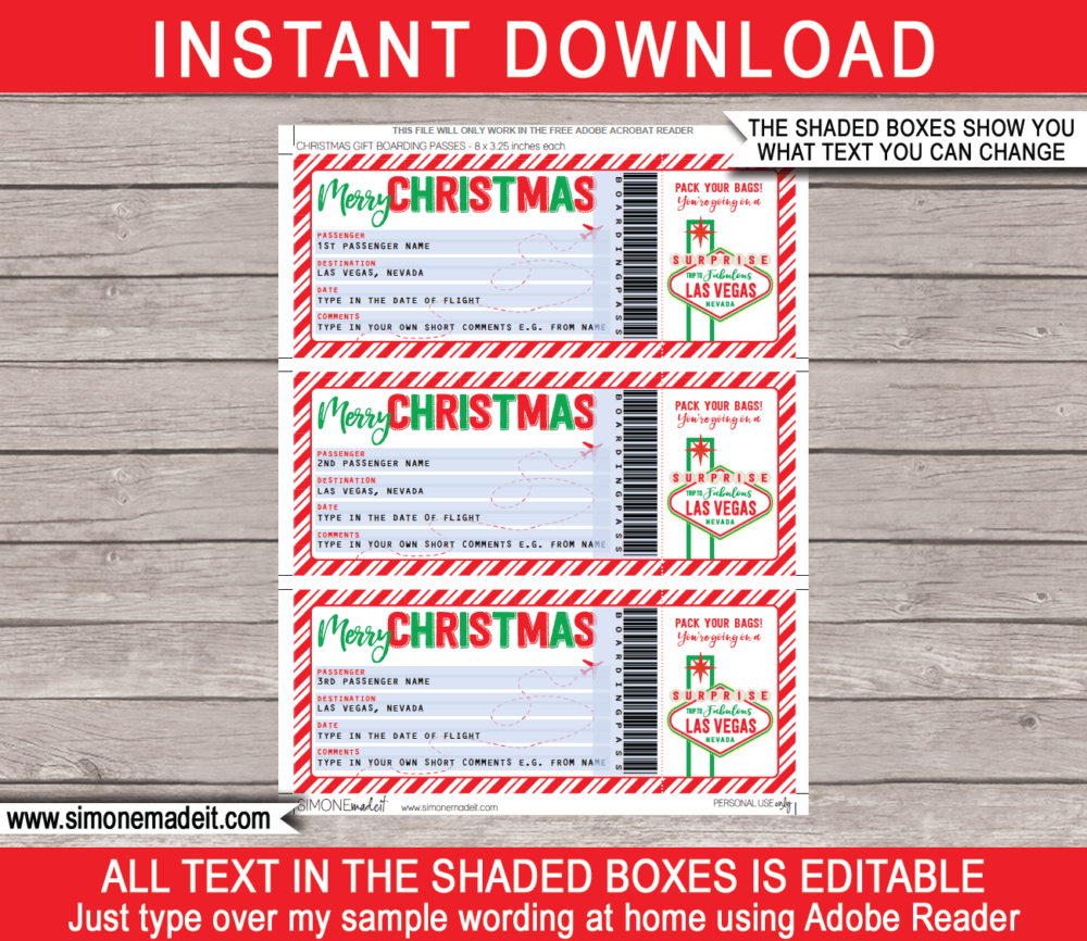 Printable Christmas Las Vegas Trip Gift Boarding Pass Template | Flight, Getaway, Holiday, Vacation to Vegas | Welcome to Fabulous Las Vegas Sign | Fake Plane Ticket | Surprise Trip Reveal | Christmas Present | DIY Editable Template | Instant Download via giftsbysimonemadeit.com