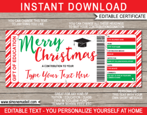 Printable Christmas Education Gift Certificate Template | Tuition Contribution | High School Fees, College Fund, 529 Savings Plan Contribution, Tutor Fees | DIY Editable | Instant Download via giftsbysimonmadeit.com