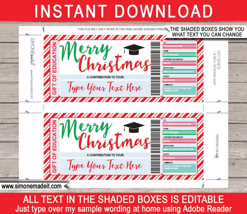 Printable Christmas Education Gift Certificate Template | Tuition Contribution | High School Fees, College Fund, 529 Savings Plan Contribution, Tutor Fees | DIY Editable | Instant Download via giftsbysimonmadeit.com