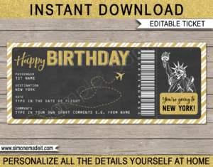 Birthday New York Trip Boarding Pass Gift template | Gold Glitter & Chalkboard | Surprise NYC Trip, Flight Getaway, Holiday, Vacation | Faux Fake Boarding Pass | Birthday Present | DIY Editable Template | Instant Download via giftsbysimonemadeit.com