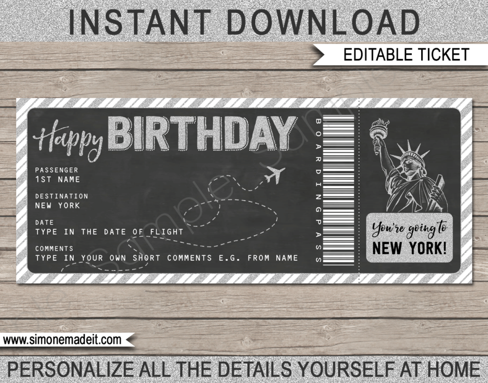 Birthday New York Trip Boarding Pass Gift template | Silver Glitter & Chalkboard | Surprise NYC Trip, Flight Getaway, Holiday, Vacation | Faux Fake Boarding Pass | Birthday Present | DIY Editable Template | Instant Download via giftsbysimonemadeit.com