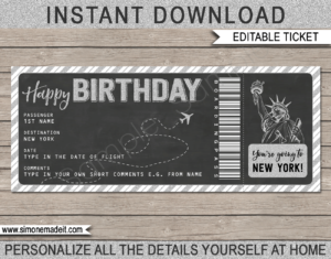 Birthday New York Trip Boarding Pass Gift template | Silver Glitter & Chalkboard | Surprise NYC Trip, Flight Getaway, Holiday, Vacation | Faux Fake Boarding Pass | Birthday Present | DIY Editable Template | Instant Download via giftsbysimonemadeit.com