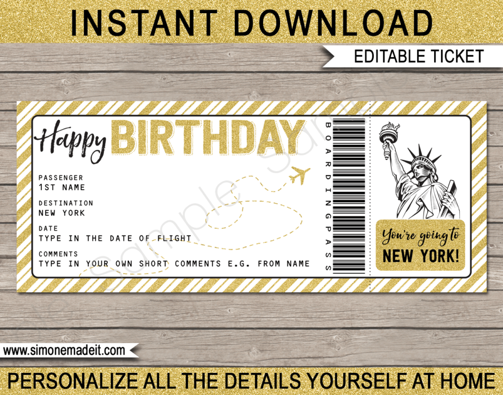 Birthday New York Trip Boarding Pass Gift template | Gold Glitter | Surprise NYC Trip, Flight Getaway, Holiday, Vacation | Faux Fake Boarding Pass | Birthday Present | DIY Editable Template | Instant Download via giftsbysimonemadeit.com