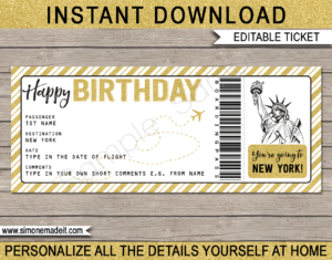 Birthday New York Trip Boarding Pass Gift template | Gold Glitter | Surprise NYC Trip, Flight Getaway, Holiday, Vacation | Faux Fake Boarding Pass | Birthday Present | DIY Editable Template | Instant Download via giftsbysimonemadeit.com