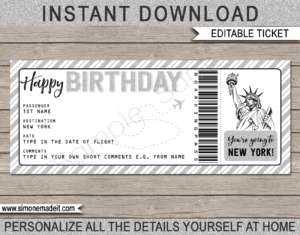 Birthday New York Trip Boarding Pass Gift template | Silver Glitter | Surprise NYC Trip, Flight Getaway, Holiday, Vacation | Faux Fake Boarding Pass | Birthday Present | DIY Editable Template | Instant Download via giftsbysimonemadeit.com