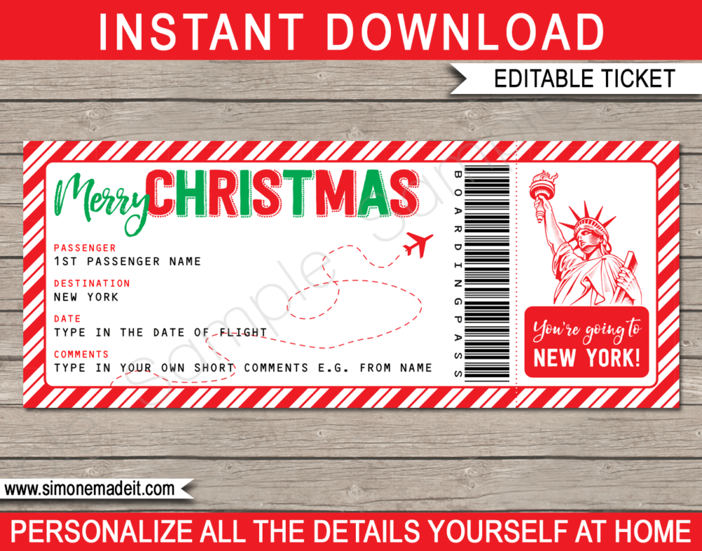Printable Christmas New York Trip Gift Boarding Pass Template | Flight, Getaway, Holiday, Vacation to NYC | Fake Plane Ticket | Surprise Trip Reveal | Christmas Present | DIY Editable Template | Instant Download via giftsbysimonemadeit.com