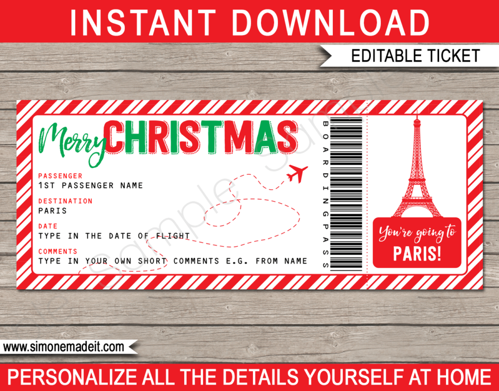 Printable Christmas Paris Trip Gift Boarding Pass Template | Flight, Getaway, Holiday, Vacation to France | Fake Plane Ticket | Surprise Trip Reveal | Christmas Present | DIY Editable Template | Instant Download via giftsbysimonemadeit.com