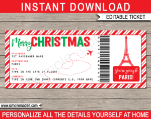 Printable Christmas Paris Trip Gift Boarding Pass Template | Flight, Getaway, Holiday, Vacation to France | Fake Plane Ticket | Surprise Trip Reveal | Christmas Present | DIY Editable Template | Instant Download via giftsbysimonemadeit.com