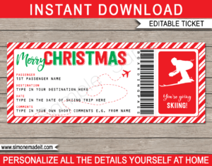 Printable Christmas Ski Boarding Pass Gift Ticket Template | Surprise Skiing Trip Reveal | Faux or Fake Plane Ticket | Christmas Present | DIY Editable & Printable Template | Instant Download via simonemadeit.com