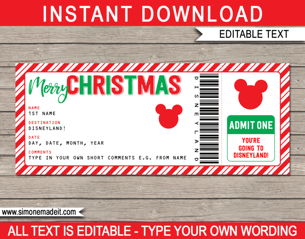Printable Christmas Surprise Disneyland Trip Ticket Template | Editable Gift Voucher | Disneyland Trip Reveal | INSTANT DOWNLOAD via giftsbysimonemadeit.com