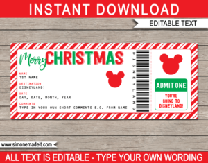 Printable Christmas Surprise Disneyland Trip Ticket Template | Editable Gift Voucher | Disneyland Trip Reveal | INSTANT DOWNLOAD via giftsbysimonemadeit.com