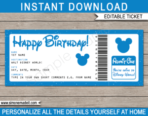 Printable Birthday Surprise Trip to Walt Disney World Ticket Template | Editable Gift Voucher | Disney World Trip Reveal | INSTANT DOWNLOAD via giftsbysimonemadeit.com