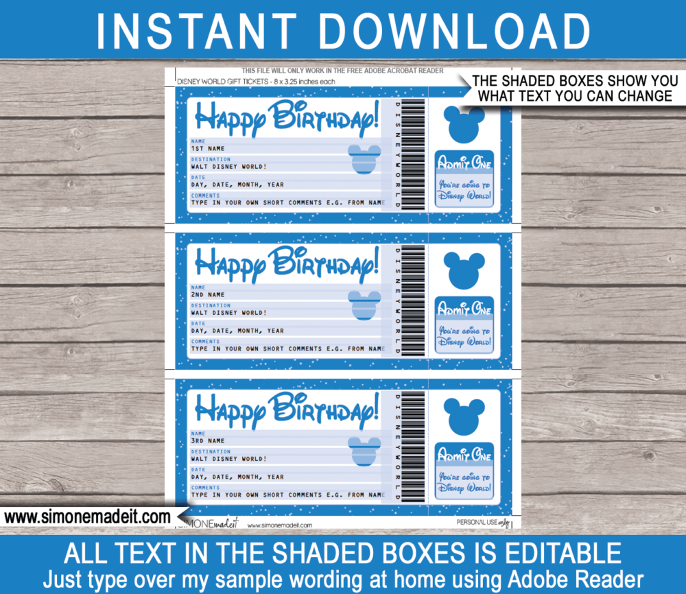 Printable Birthday Surprise Trip to Walt Disney World Ticket Template | Editable Gift Voucher | Disney World Trip Reveal | INSTANT DOWNLOAD via giftsbysimonemadeit.com