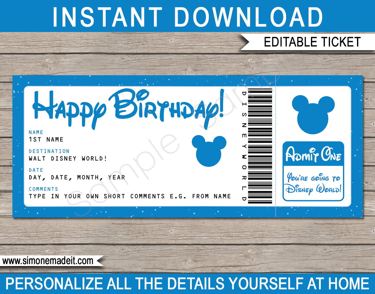 Birthday Surprise Trip to Walt Disney World Ticket Template Disney