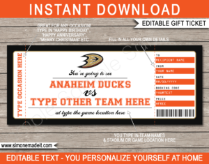 Printable Anaheim Ducks Game Ticket Gift Voucher Template | Printable Surprise NHL Hockey Tickets | Editable Text | Gift Certificate | Birthday, Christmas, Anniversary, Retirement, Graduation, Mother's Day, Father's Day, Congratulations, Valentine's Day | INSTANT DOWNLOAD via giftsbysimonemadeit.com