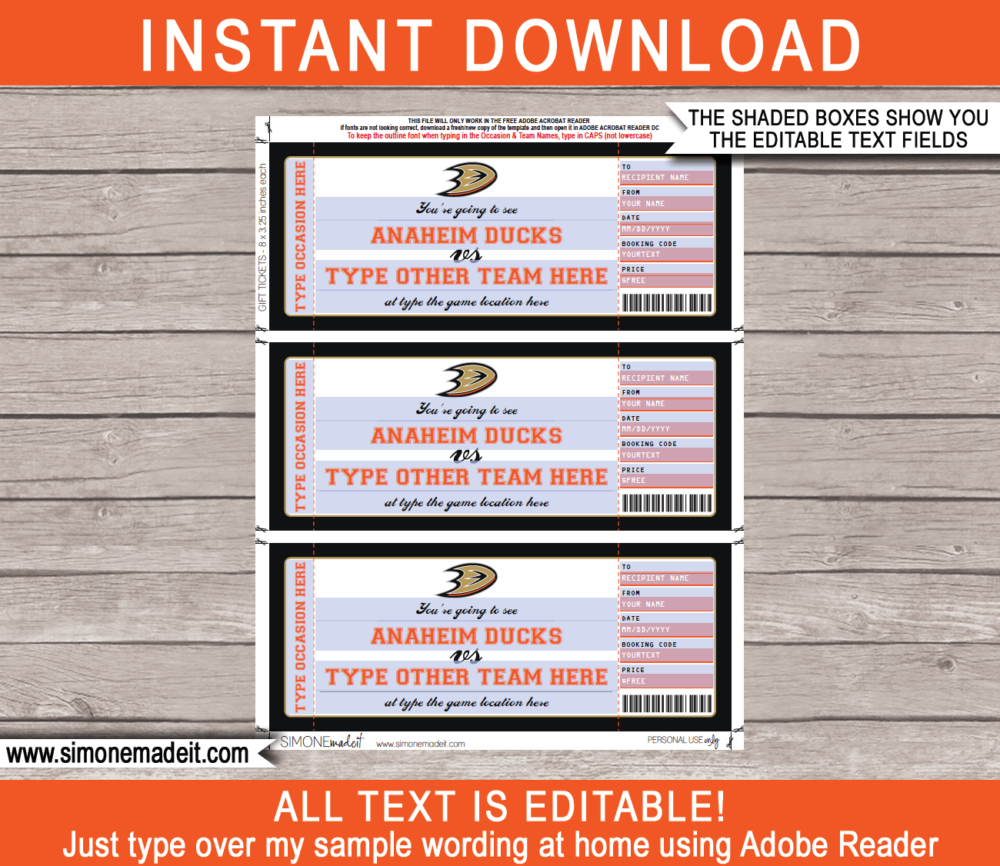 Printable Anaheim Ducks Game Ticket Gift Voucher Template | Printable Surprise NHL Hockey Tickets | Editable Text | Gift Certificate | Birthday, Christmas, Anniversary, Retirement, Graduation, Mother's Day, Father's Day, Congratulations, Valentine's Day | INSTANT DOWNLOAD via giftsbysimonemadeit.com