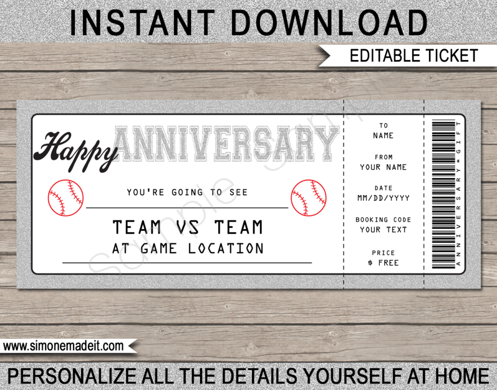 Printable Anniversary Baseball Ticket Gift Voucher Template - Surprise tickets to a Baseball Game - Gift Certificate - Anniversary present - DIY Editable & Printable Template - INSTANT DOWNLOAD via giftsbysimonemadeit.com #baseballgifttickets #lastminutegift