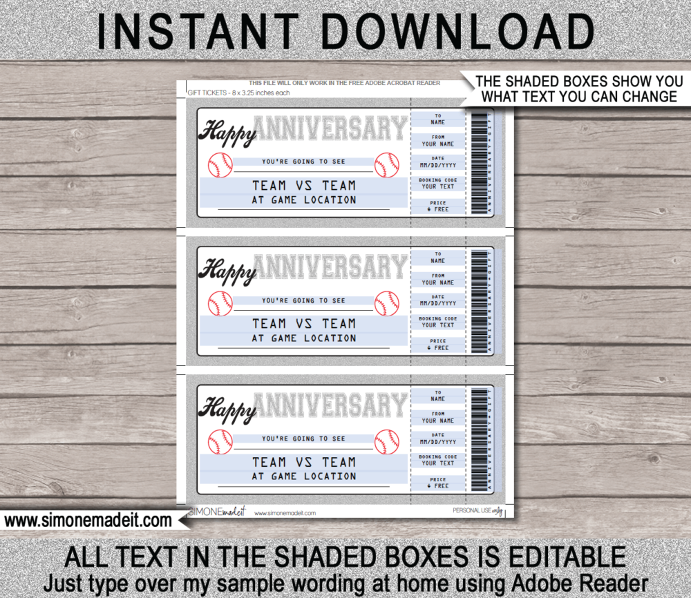 Printable Anniversary Baseball Ticket Gift Voucher Template - Surprise tickets to a Baseball Game - Gift Certificate - Anniversary present - DIY Editable & Printable Template - INSTANT DOWNLOAD via giftsbysimonemadeit.com #baseballgifttickets #lastminutegift