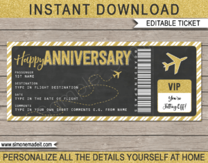 Printable Anniversary Boarding Pass Gift Ticket template | Gold Glitter & Chalkboard | Surprise Trip Reveal, Flight, Getaway, Holiday, Vacation | Faux Fake Boarding Pass | Anniversary Present | DIY Editable Template | Instant Download via giftsbysimonemadeit.com