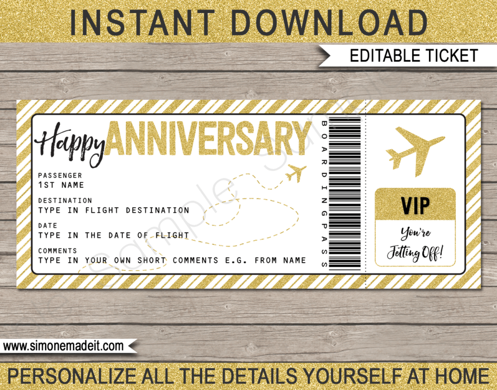 Printable Anniversary Boarding Pass Gift Ticket template | Gold Glitter | Surprise Trip Reveal, Flight, Getaway, Holiday, Vacation | Faux Fake Boarding Pass | Anniversary Present | DIY Editable Template | Instant Download via giftsbysimonemadeit.com