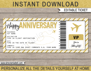 Printable Anniversary Boarding Pass Gift Ticket template | Gold Glitter | Surprise Trip Reveal, Flight, Getaway, Holiday, Vacation | Faux Fake Boarding Pass | Anniversary Present | DIY Editable Template | Instant Download via giftsbysimonemadeit.com