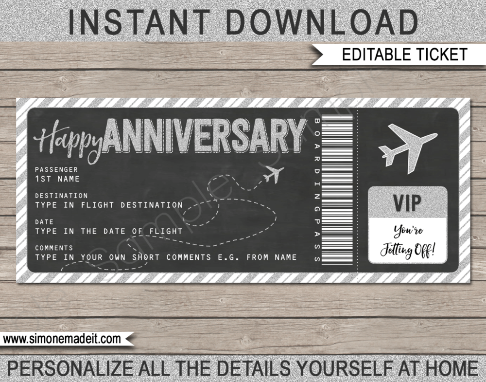 Printable Anniversary Boarding Pass Gift Ticket template | Silver Glitter & Chalkboard | Surprise Trip Reveal, Flight, Getaway, Holiday, Vacation | Faux Fake Boarding Pass | Anniversary Present | DIY Editable Template | Instant Download via giftsbysimonemadeit.com