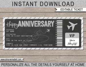 Printable Anniversary Boarding Pass Gift Ticket template | Silver Glitter & Chalkboard | Surprise Trip Reveal, Flight, Getaway, Holiday, Vacation | Faux Fake Boarding Pass | Anniversary Present | DIY Editable Template | Instant Download via giftsbysimonemadeit.com