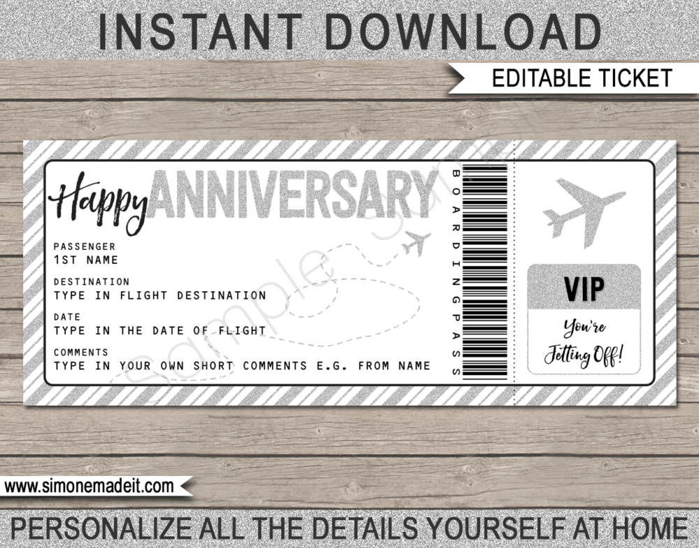 Printable Anniversary Boarding Pass Gift Ticket template | Silver Glitter | Surprise Trip Reveal, Flight, Getaway, Holiday, Vacation | Faux Fake Boarding Pass | Anniversary Present | DIY Editable Template | Instant Download via giftsbysimonemadeit.com