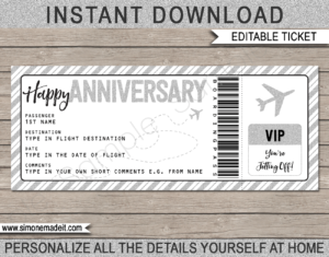 Printable Anniversary Boarding Pass Gift Ticket template | Silver Glitter | Surprise Trip Reveal, Flight, Getaway, Holiday, Vacation | Faux Fake Boarding Pass | Anniversary Present | DIY Editable Template | Instant Download via giftsbysimonemadeit.com