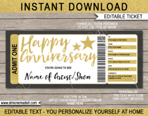 Printable Anniversary Concert Ticket Gift Voucher template - Surprise Anniversary Present to a Concert | Gold Glitter | Editable & Printable DIY Voucher | Last Minute Surprise Gift | Concert, Show, Performance, Band, Artist, Music Festival, Movie | Instant Download via giftsbysimonemadeit.com