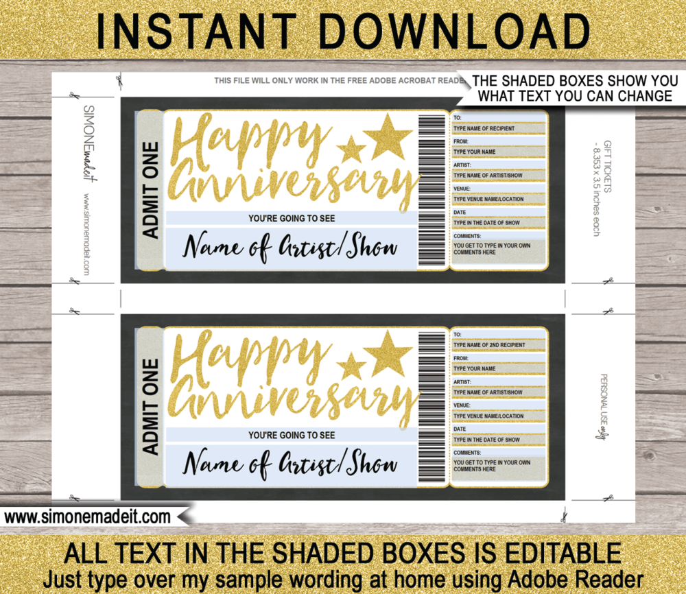 Printable Anniversary Concert Ticket Gift Voucher template - Surprise Anniversary Present to a Concert | Gold Glitter | Editable & Printable DIY Voucher | Last Minute Surprise Gift | Concert, Show, Performance, Band, Artist, Music Festival, Movie | Instant Download via giftsbysimonemadeit.com