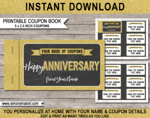 Printable Anniversary Coupon Book template | DIY editable custom Coupons for an Anniversary gift | Last Minute Gift | Editable & Printable Template | Gold Glitter & Chalkboard | Instant Download via giftsbysimonemadeit.com
