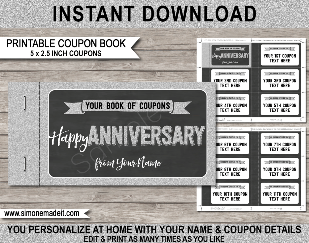 Printable Anniversary Coupon Book template | DIY editable custom Coupons for an Anniversary gift | Last Minute Gift | Editable & Printable Template | Silver Glitter & Chalkboard | Instant Download via giftsbysimonemadeit.com