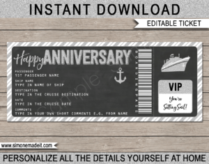 Printable Anniversary Cruise Ticket Boarding Pass Gift Template | Silver Glitter & Chalkboard | Editable Gift Voucher | Surprise Cruise Reveal | Anniversary Present | INSTANT DOWNLOAD via giftsbysimonemadeit.com